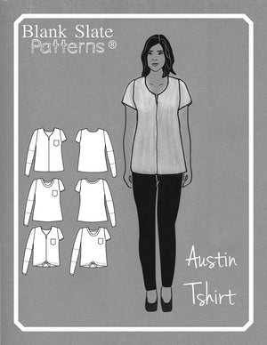 Line Art - Austin T-shirt by Blank Slate Patterns - Tshirt sewing pattern for women with basic round neck, split neck with center seam, 3 sleeve lengths, and tie front tshirt option