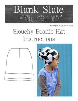 Line Drawing and Cover Image - Blank Slate Patterns Slouchy Beanie Hat Pattern - Sew a stretchy knit hat