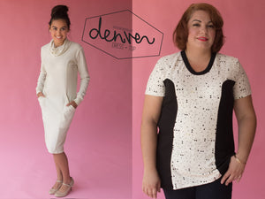 Denver sewing pattern by Blank Slate Patterns. Women's fitted dress with cowl neck and long sleeves and flared tunic with short sleeves