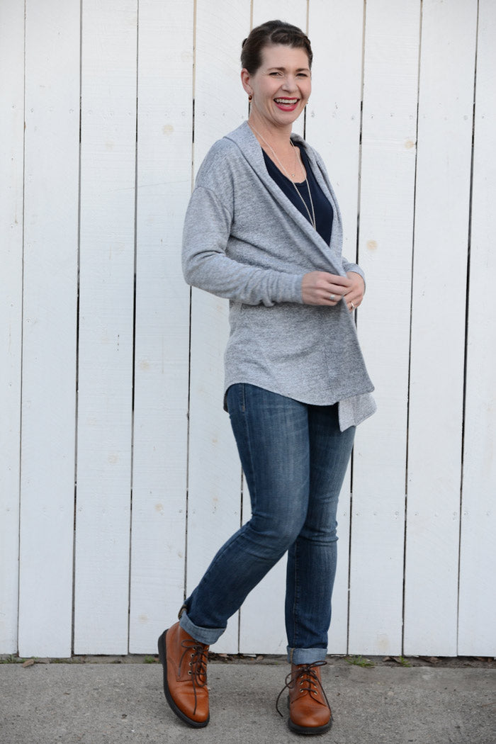 Gray rayon french terry - Sora Pattern - Shawl collar sweater - pullover cardigan sewing pattern - women's cardigan sewing pattern - Blank Slate Patterns 