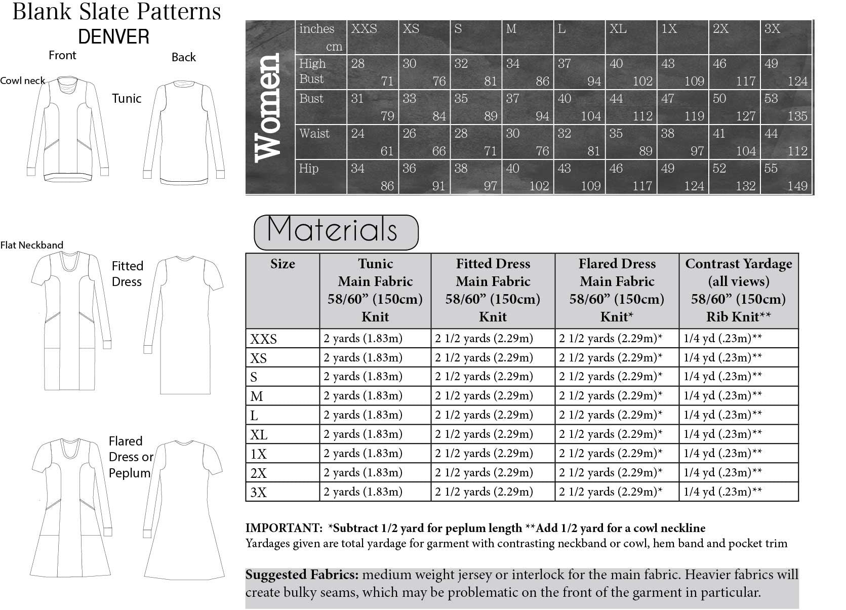 Denver sewing pattern by Blank Slate Patterns. Line drawings, materials and sizing.