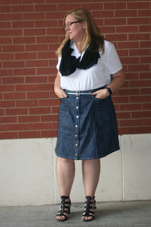 Knee-Length Version - Tillery Skirt by Blank Slate Patterns - Snap Front Skirt Sewing Pattern - Denim Mini Skirt Pattern