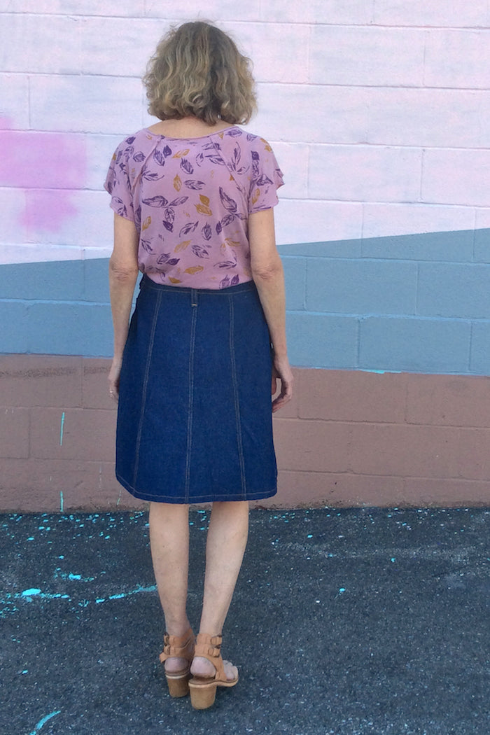 Knee Length Version - Tillery Skirt by Blank Slate Patterns - Snap Front Skirt Sewing Pattern - Denim Mini Skirt Pattern