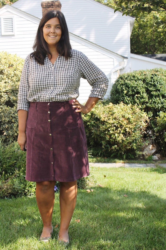 Knee Length Version - Tillery Skirt by Blank Slate Patterns - Snap Front Skirt Sewing Pattern - Denim Mini Skirt Pattern