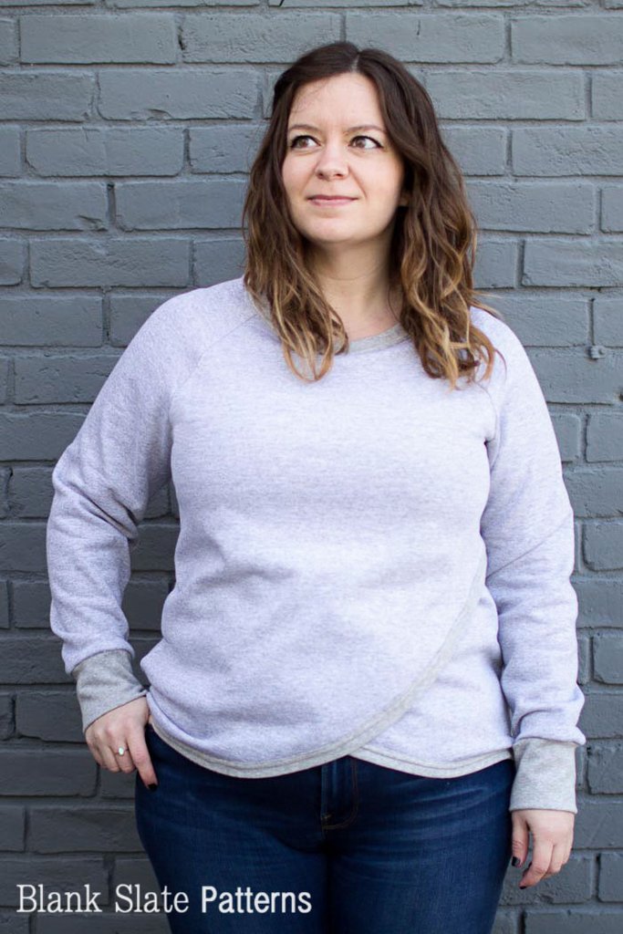 Tulip Top sweatshirt sewing pattern by Blank Slate Patterns - raglan sleeves and crossover front