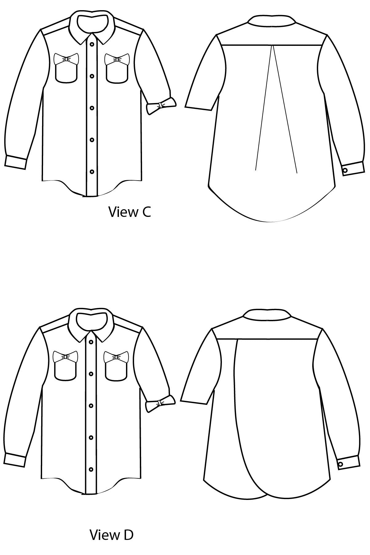 Views C & D Line Drawings - Bookworm Button Up Sewing Pattern by Blank Slate Patterns for Pattern Anthology